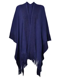 Women's Lightweight Shawl Golden Trim Textured Knit Blanket Wrap Fringe Poncho with Contrast Trims (Navy),One Size Women's Lightweight Shawl Golden Trim Textured Knit Blanket Wrap Fringe Poncho with Contrast Trims (Navy),One Size