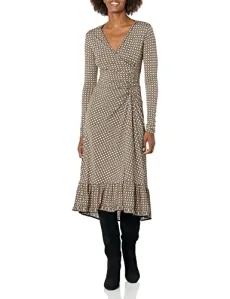 Women's Long Sleeve Faux Wrap Dress, Black/Sepia Daisy Cube, XS
