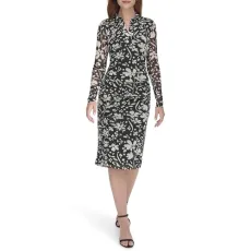 Women's Long Sleeve Mesh Side Ruched Dress, Black/Pearl, 14