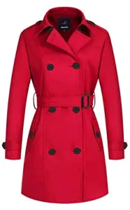 Women's Long Trench Coat Casual Warm Jacket Lightweight Outdoor Coat Windproof Outerwear Jacket Red 