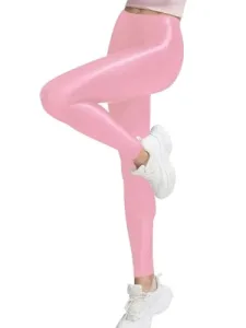 Womens Mens Metallic Wet Look Full Length Leggings Apparel Shiny High Waisted Stretchy Disco Trousers Dance Pants Pink M