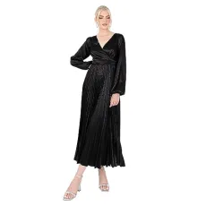 Women's Midaxi Dress Ladies Black Pleated Satin Wrap V-Neckline Long Bishop Sleeve Open Back for Evening Party Occasion, Black, 18 Women's Midaxi Dress Ladies Black Pleated Satin Wrap V-Neckline Long Bishop Sleeve Open Back for Evening Party Occasion, Black, 18