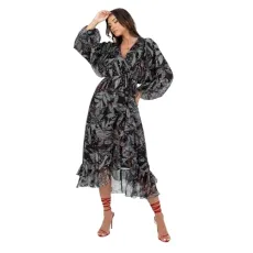 Women's Midaxi Dress Ladies Long Balloon Sleeve V-Neck Faux Wrap Ruffle Frilly for Wedding Guest Party Occasion Casual, Black, 24 Women's Midaxi Dress Ladies Long Balloon Sleeve V-Neck Faux Wrap Ruffle Frilly for Wedding Guest Party Occasion Casual, Black, 24