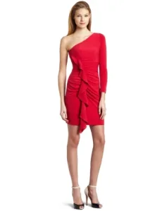 Women's One Sleeve Ruched Dress with Front Ruffle,Barberry,12