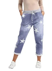 Womens Plain Italian Floral Trousers, Light Blue Star, SM (UK 8-10)