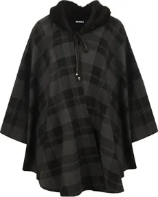 Women's Plus Faux Fur Trim Collar Check Tartan Cape Shawl Poncho - Grey - One Size Women's Plus Faux Fur Trim Collar Check Tartan Cape Shawl Poncho - Grey - One Size