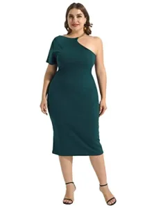 Women's Plus Size One Shoulder Bodycon Dress Knee Length Dress Flared Midi Skirt Party Clubwear Dark Green XL Women's Plus Size One Shoulder Bodycon Dress Knee Length Dress Flared Midi Skirt Party Clubwear Dark Green XL
