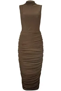 Womens Polo High Neck Midi Ruched Bodycon Dress Brown Plus Size (UK 20/22) Womens Polo High Neck Midi Ruched Bodycon Dress Brown Plus Size (UK 20/22)