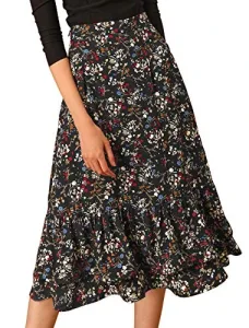 Women's Printed Skirt Chiffon Elastic Waist Ruffle Tiered Flowy Midi Skirt Black-Floral 12 Women's Printed Skirt Chiffon Elastic Waist Ruffle Tiered Flowy Midi Skirt Black-Floral 12
