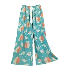 Women's Printed Summer Large Size Loose Breathable Casual Trousers with Wide Leg Artificial Cotton High Waist Trousers Cotton Silk Pyjama Bottoms Bikini Women's Trousers, sky blue, One Size Women's Printed Summer Large Size Loose Breathable Casual Trousers with Wide Leg Artificial Cotton High Waist Trousers Cotton Silk Pyjama Bottoms Bikini Women's Trousers, sky blue, One Size