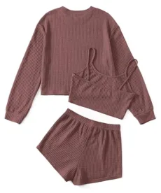Women's Pyjamas Set 3 Piece Long Sleeves Tee Shirt Cami Top Shorts Sleepwear Rouge Women's Pyjamas Set 3 Piece Long Sleeves Tee Shirt Cami Top Shorts Sleepwear Rouge