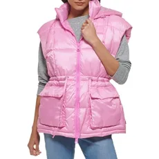 Women's Quilted Megan Hooded Puffer Jacket, Baby Pink Vest, M Women's Quilted Megan Hooded Puffer Jacket, Baby Pink Vest, M