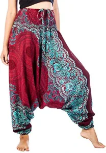 Women's Rose 1 Smocked Waist 2 in 1 Harem Jumpsuit Pants Burgundy 2XL