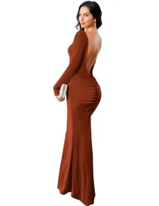 Women's Sexy Maxi Dress Long Sleeve Crewneck Bodycon Dresses Ruched Clubwear Night Out Club Dress, Coffee, XL Women's Sexy Maxi Dress Long Sleeve Crewneck Bodycon Dresses Ruched Clubwear Night Out Club Dress, Coffee, XL