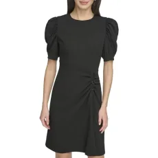 Women's Short Balloon Sleeve Ruched Dress Casual Night, Black, 6