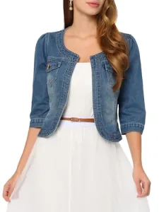 Women's Short Denim Jacket Collarless 3/4 Sleeve Jean Jackets Blue M Women's Short Denim Jacket Collarless 3/4 Sleeve Jean Jackets Blue M