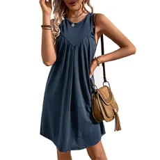 Women's Sleeveless Tank Dress Pleated Loose Summer Casual Dress Knee Length Round Neck Solid Color Vest Skirt Dress