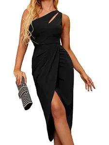 Women's Summer Bodycon Dress Sexy One Shoulder Cutout Ruched Slit Club Midi Dresses Elegant Sleeveless Wrap Cocktail Party Wedding Guest Dress Black Size S Women's Summer Bodycon Dress Sexy One Shoulder Cutout Ruched Slit Club Midi Dresses Elegant Sleeveless Wrap Cocktail Party Wedding Guest Dress Black Size S