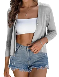 Womens Summer Lightweight Cropped Cardigans 3/4 Sleeve Knit Shrugs V Neck Button Down Cardigans Sweaters, Grey, Small Acrylic 2