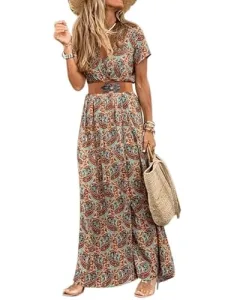 Womens Summer Maxi Dress Boho Floral Wrap V Neck Short Sleeve Beach Flowy Long Dresses Brown Womens Summer Maxi Dress Boho Floral Wrap V Neck Short Sleeve Beach Flowy Long Dresses Brown