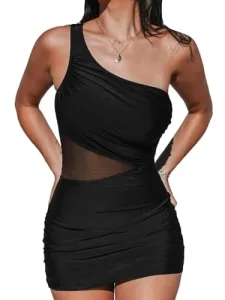 Women's Swimming Costume Mesh Swim Dress Asymmetrical Neck One Shoulder Ruched Side Waisted Panel One Piece Swimsuit Black M Women's Swimming Costume Mesh Swim Dress Asymmetrical Neck One Shoulder Ruched Side Waisted Panel One Piece Swimsuit Black M