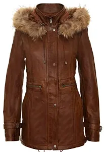 Women's Tan Warm Leather Jacket Detachable Hooded Parker Trench Coat