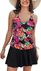 Women's Tankini Swimsuits Tummy Control 2 Piece V Neck Ruched Swimsuits with Skirts Beach Swim Dress Hot Pink Flower M Women's Tankini Swimsuits Tummy Control 2 Piece V Neck Ruched Swimsuits with Skirts Beach Swim Dress Hot Pink Flower M