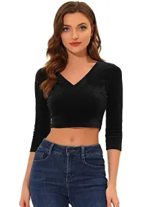 Women's Velvet Blouse V Neck 3/4 Sleeve Solid Saree Crop Top Black