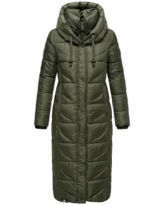 Women's Winter Coat Warm Quilted Coat Extra Long with Hood Waffle XS - XXL, dark olive, S