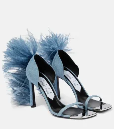 x Sergio Rossi Amazona feather-trimmed denim sandals x Sergio Rossi Amazona feather-trimmed denim sandals
