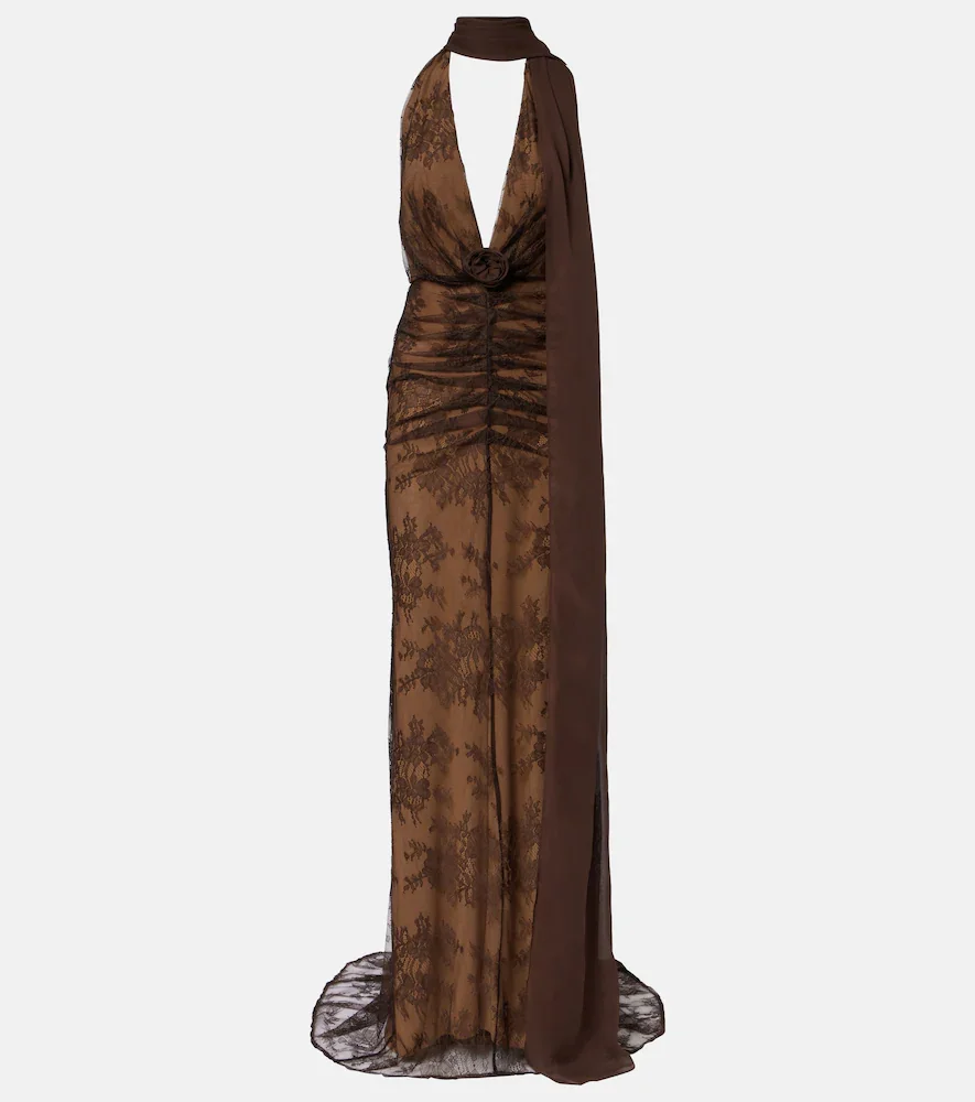 Amora scarf-detail ruched lace maxi dress