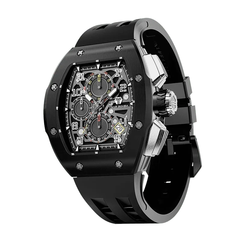Atomic TB8214A-Black Mens Fashion Watch, tonneau-style watch, 316L stainless steel bezel and interchangeable accessories, 316L stainless steel case, 10ATM water resistance, luminescent sporty design, embodying youthful style