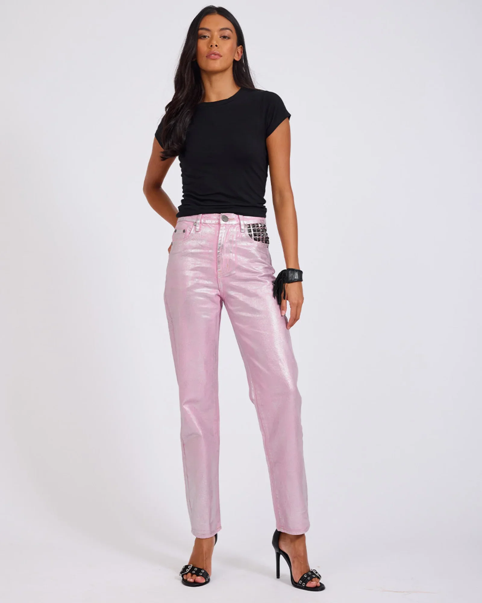 Awesome Baggies High Waist Straight Leg Denim Jeans- Pink Envy Foil Size 26 Size 26