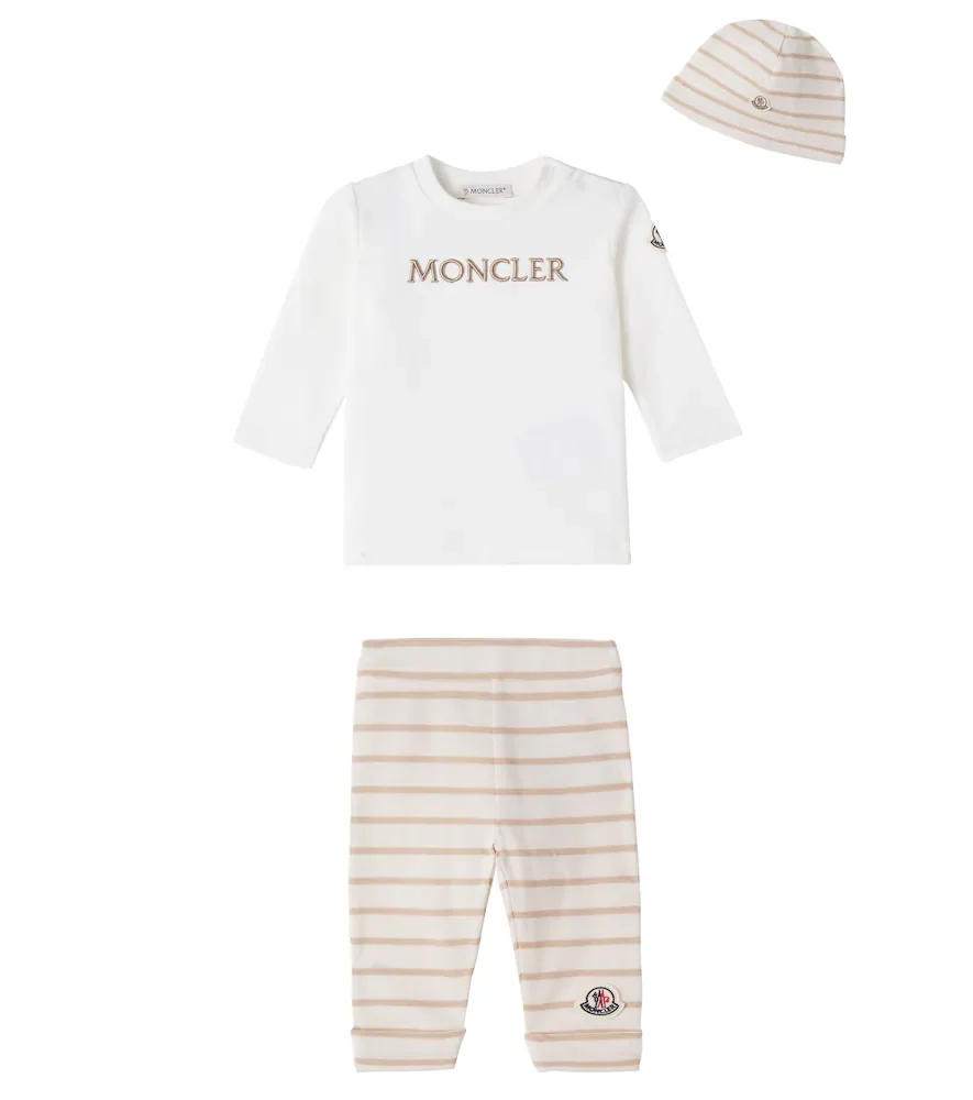 Baby cotton top, pants, and beanie set