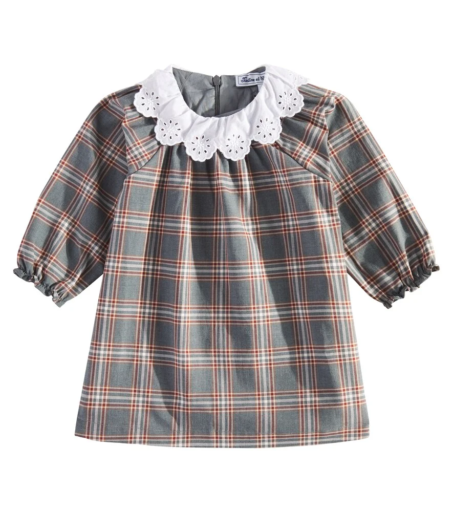 Baby lace-trimmed checked cotton dress