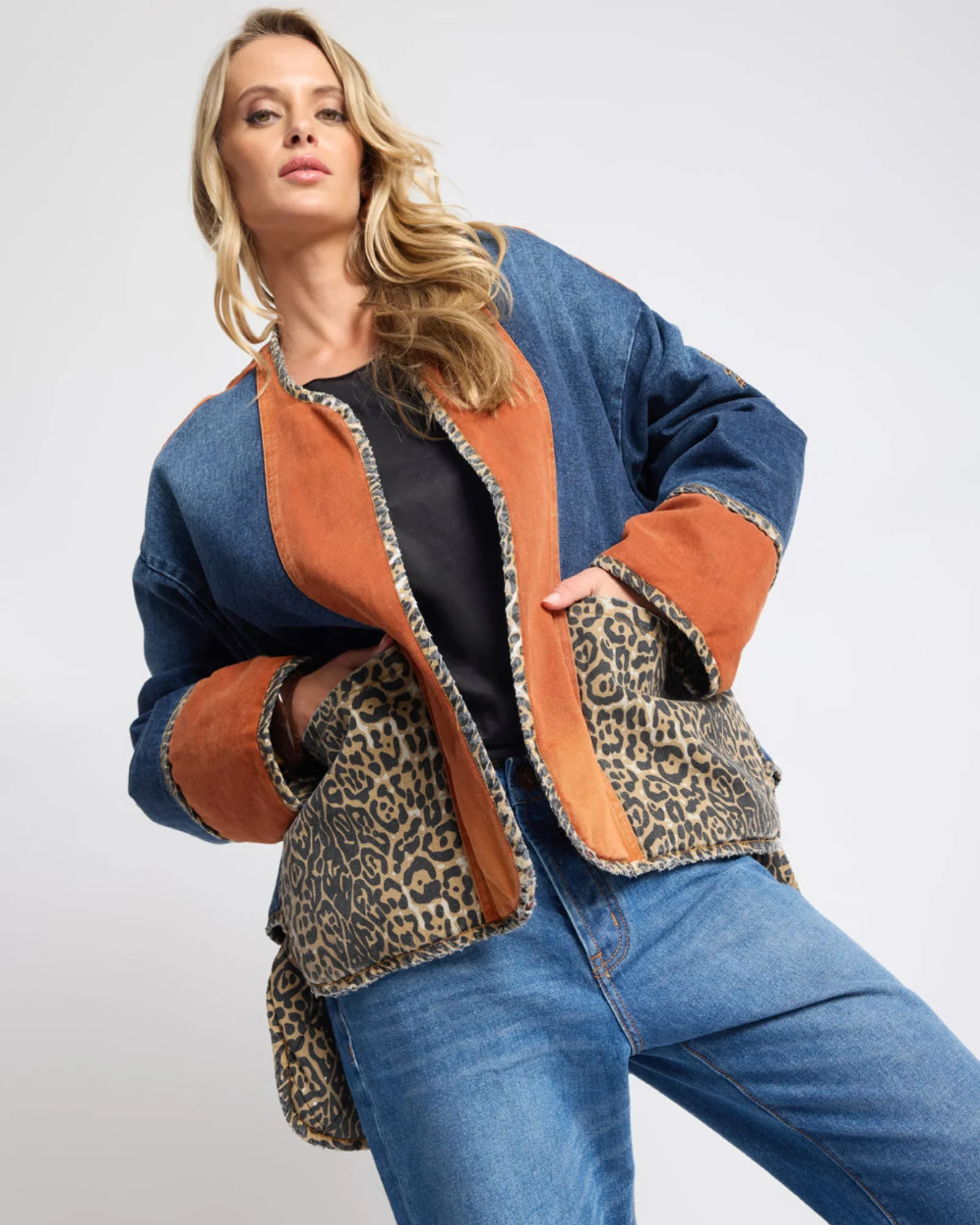 Bang Bang Reversible Colour Blocked Denim Wadded Jacket - Animal Blue Rust Size SML