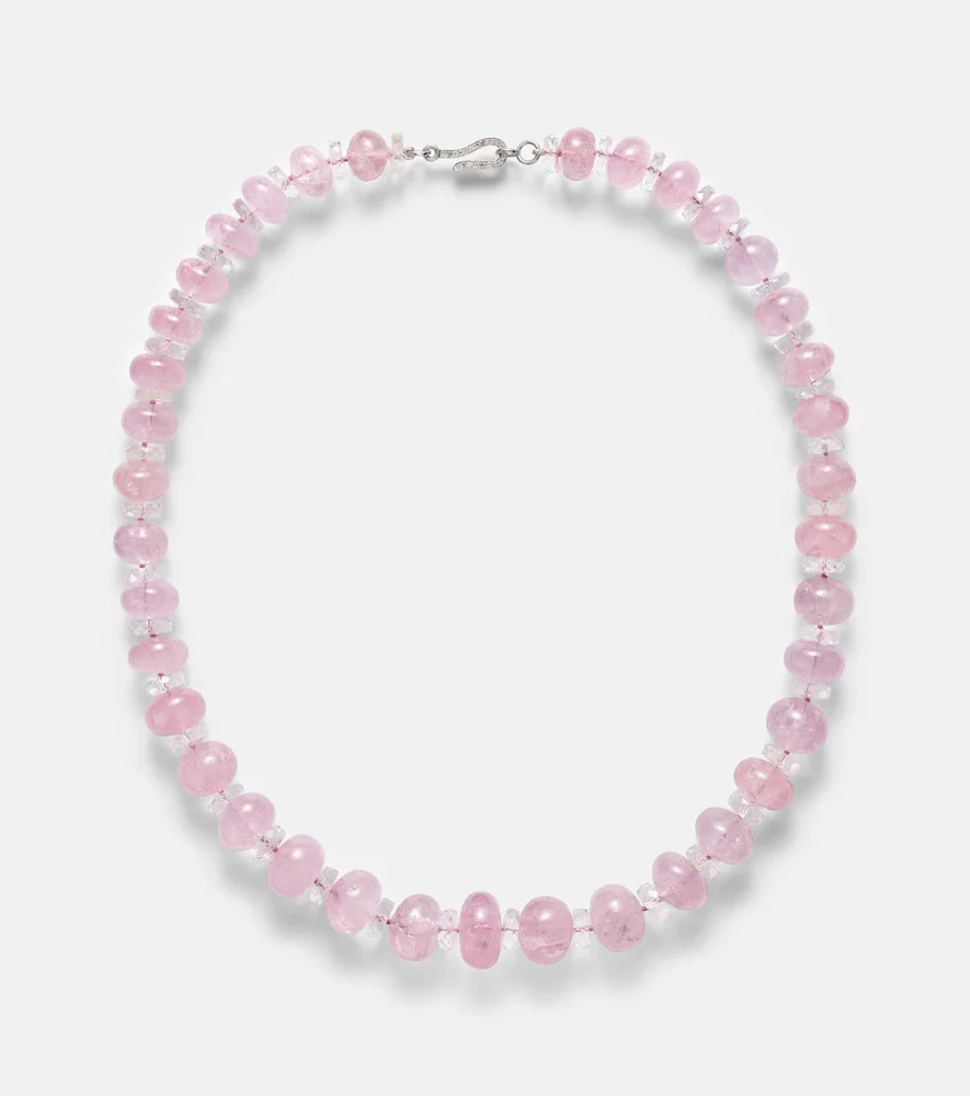 Beaded necklace with morganite, white topaz, and diamonds