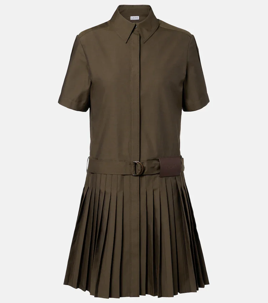 Belted pleated cotton-blend shirt dress