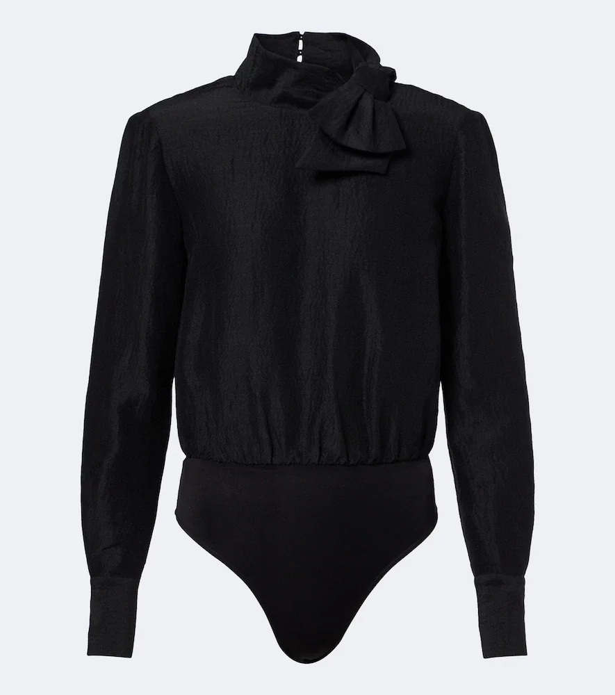 Bow-detail jacquard ramie and silk bodysuit