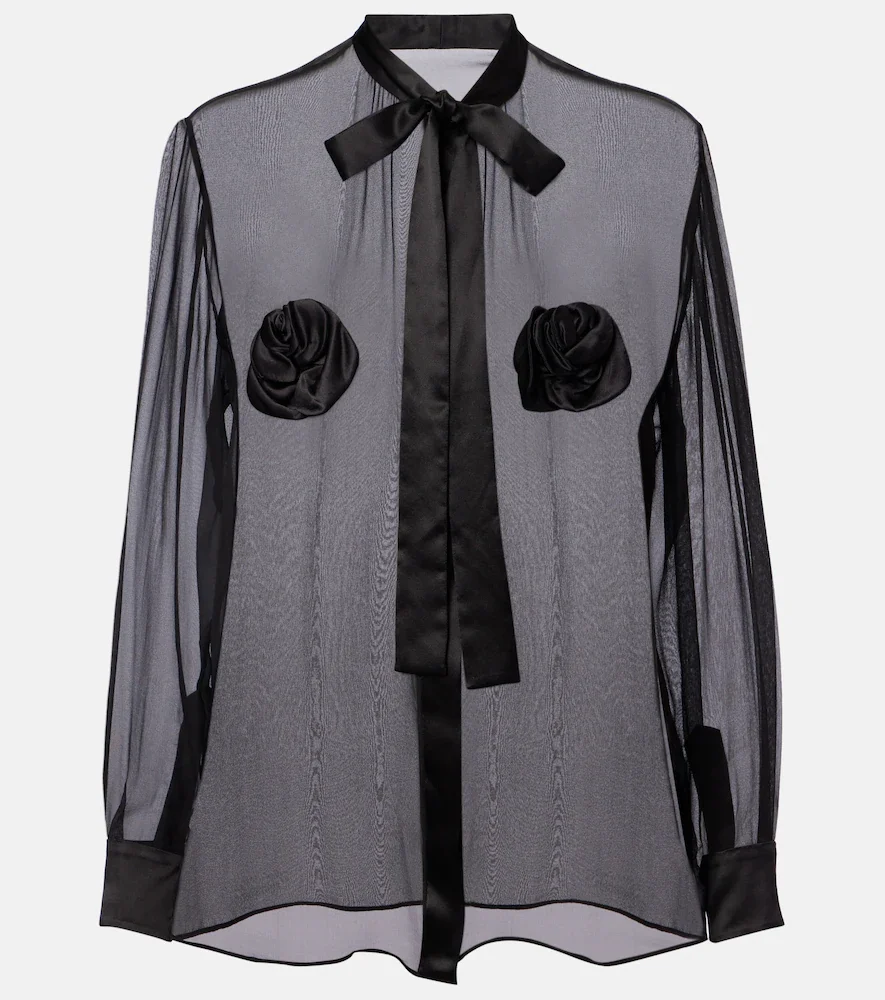 Camisa de seda transparente con aplique floral