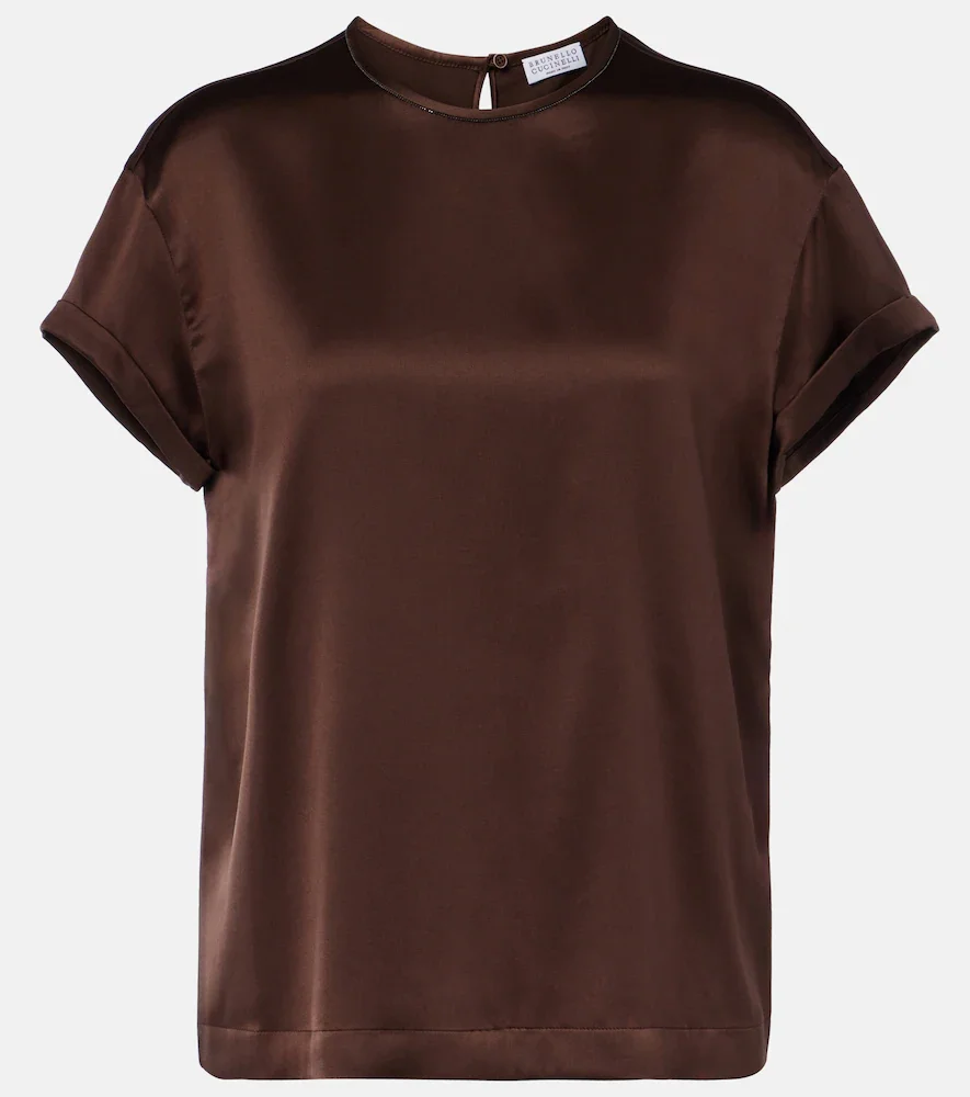 Camiseta de satén en mezcla de seda con cuentas Monili