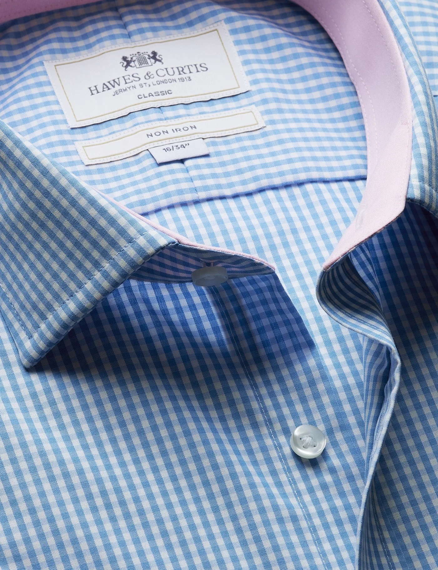 Classic Fit Blue White Gingham Check Non-Iron Shirt Contrast Detail Chest Pocket BlueWhite Plaid Men's
