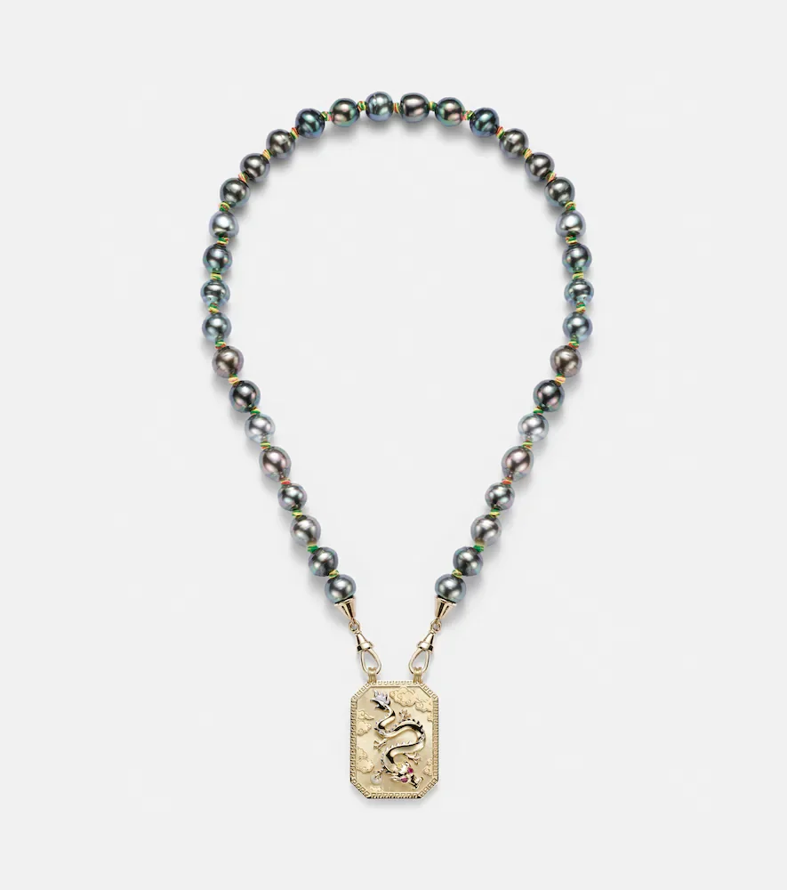 Collier Dragon en or 18 ct, perle et rubis