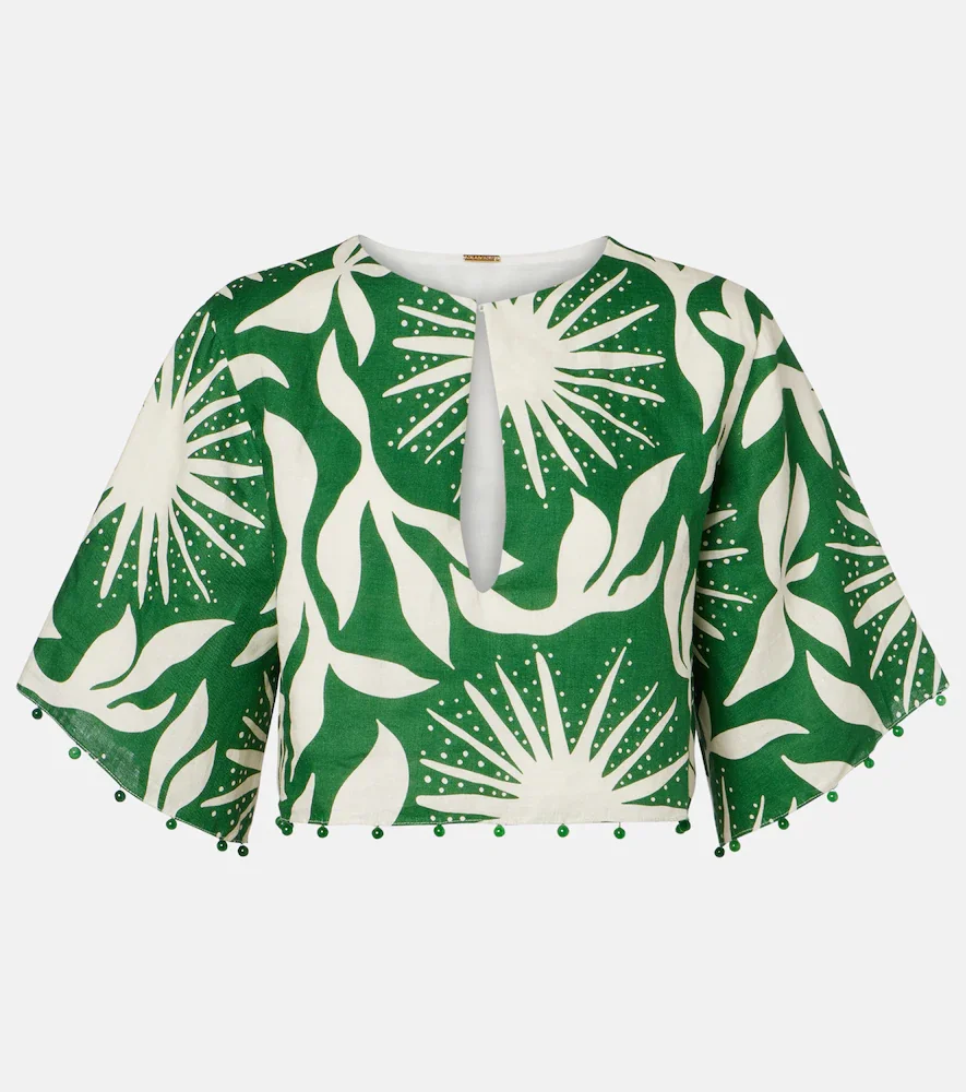 Crop top Iris de lino estampado con cuentas