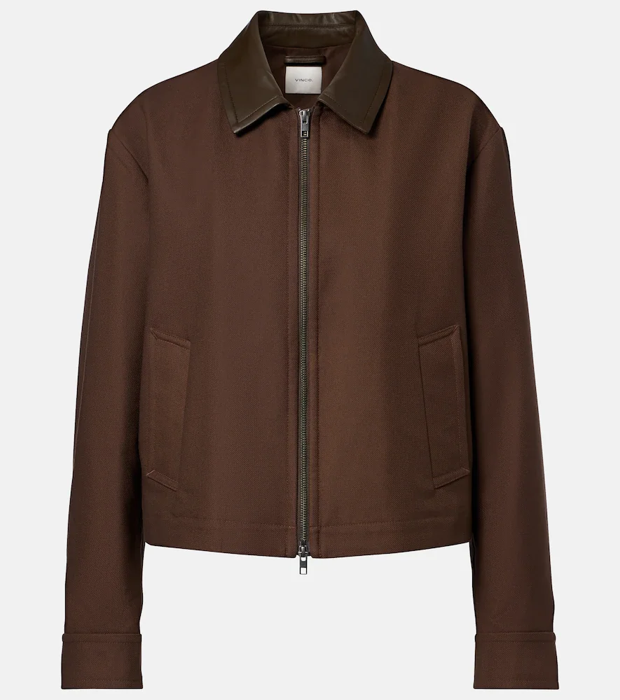 Cropped leather-trimmed cotton twill jacket