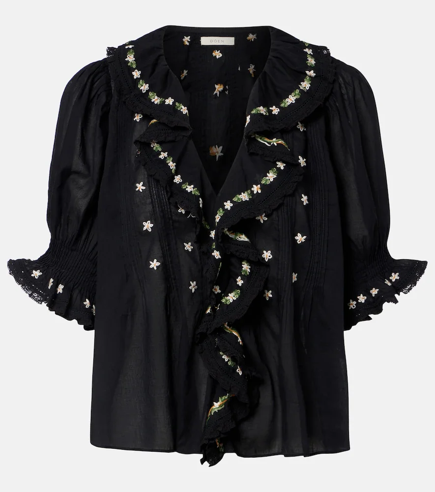 DÃen Hettie floral embroidered ruffled cotton blouse