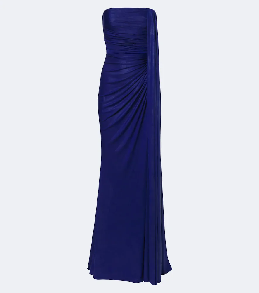 Draped coated jersey bustier gown