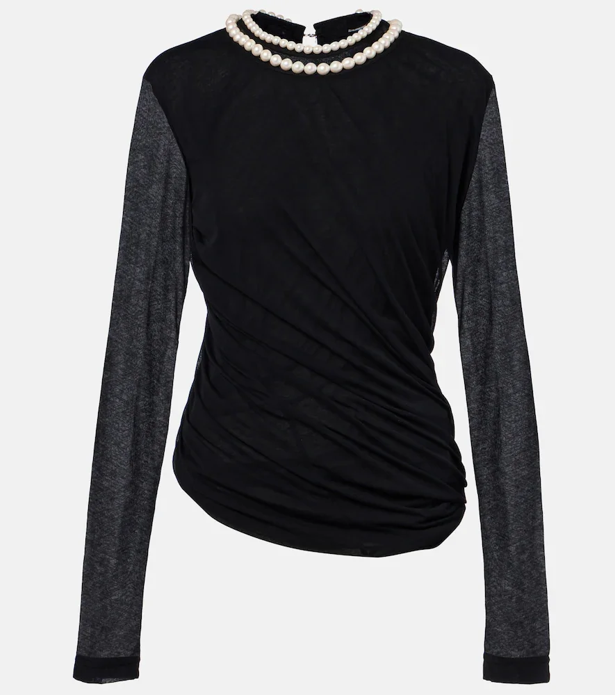 Draped faux pearl-embellished cotton top