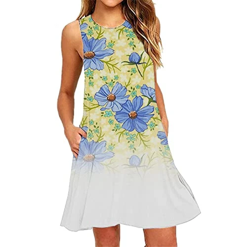 Dresses for Women Formal Floral Print Floral Print Ruched Dress Women Summer Dresses Cotton Linen Dress Striped Birthday Gifts for Women Sale Clearance Blue