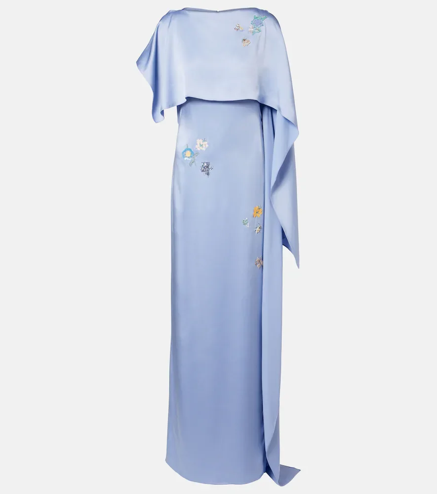 Embellished caped satin cady gown